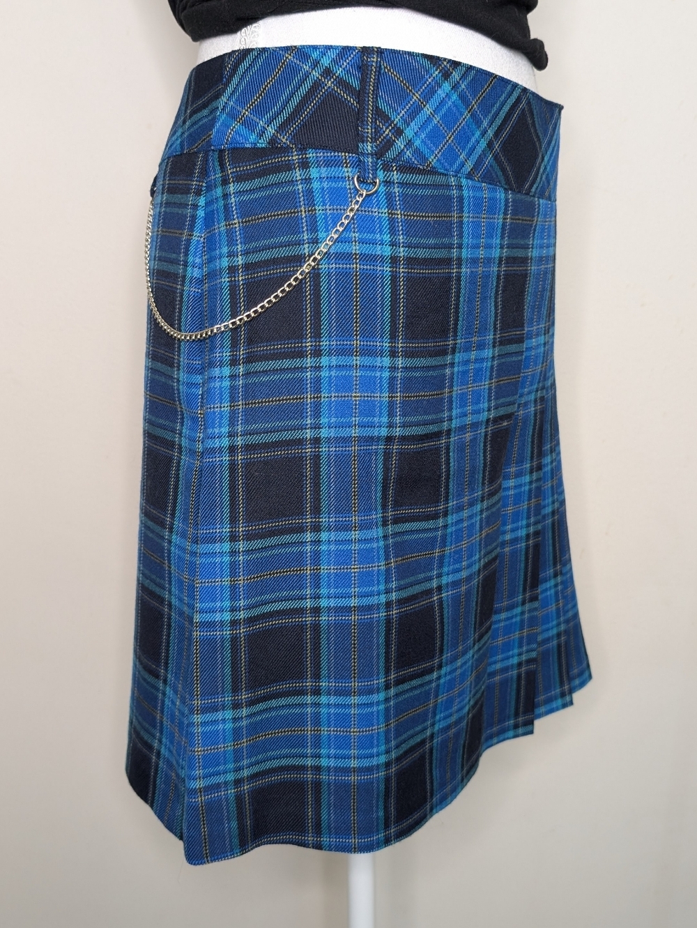 Blue Plaid A-Line Mini Skirt with Chain Detail